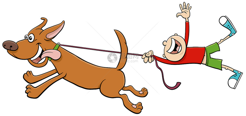 漫画插图滑稽狗动物角色拉着一个男孩的皮带图片