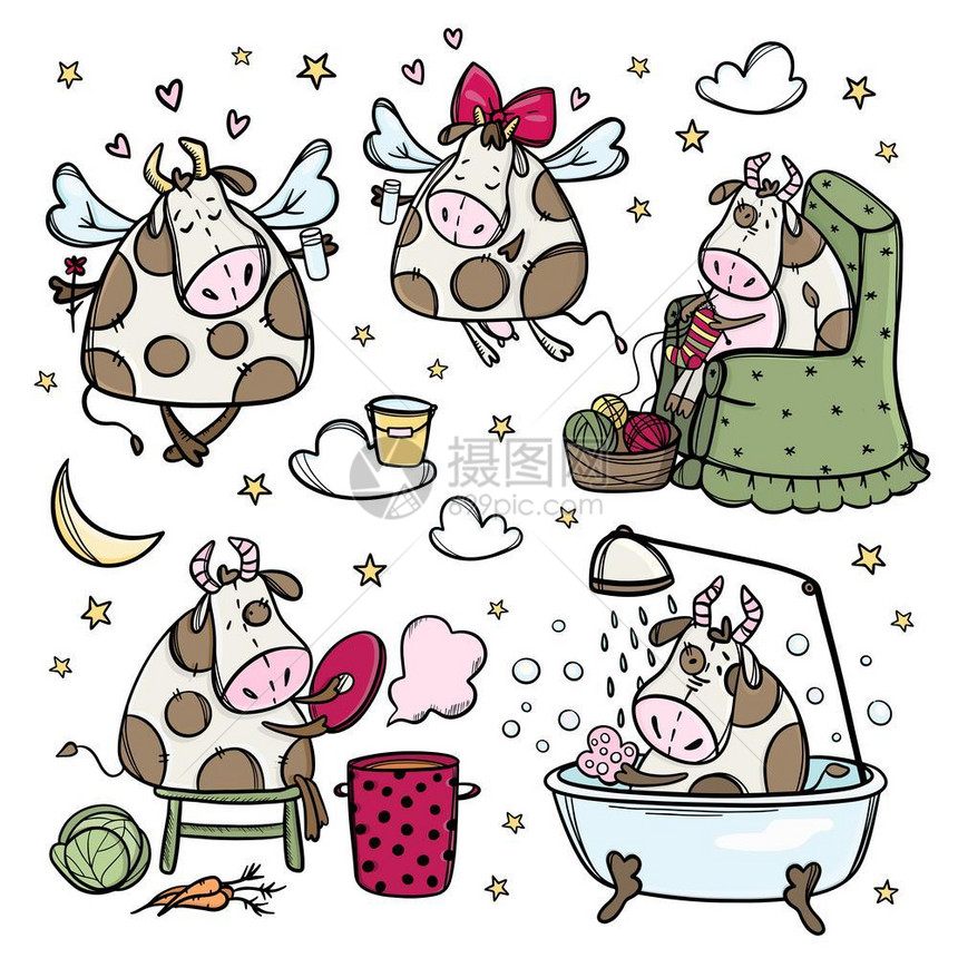有趣的牛喜笑卡通圣诞公牛矢量插图集图片