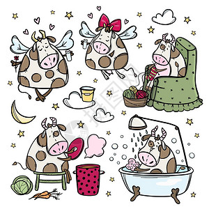 有趣的牛喜笑卡通圣诞公牛矢量插图集图片