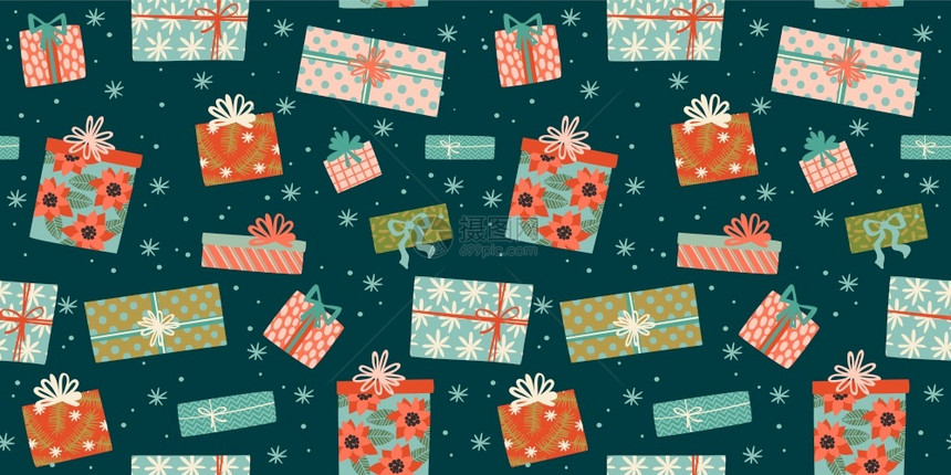 圣诞节和新年快乐无缝模式配有礼品盒时态回溯风格矢量设计模板时态回溯风格图片