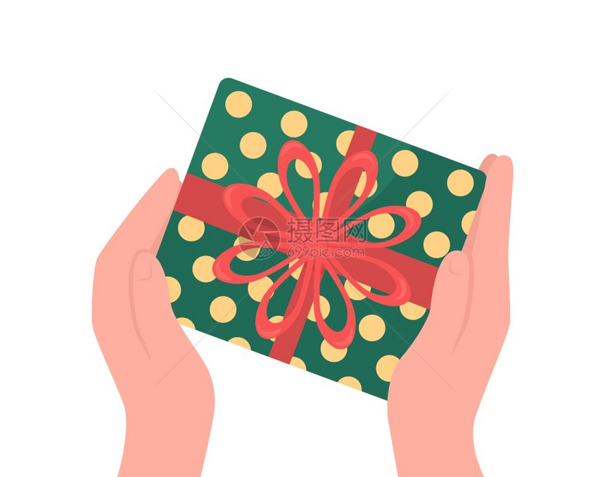 提供包装礼品的平板彩色矢量对象带彩弓的圣诞节到场庆活动祝节日的孤立漫画插图用于网络形设计和动画双手给包装礼品的彩色矢量对象图片