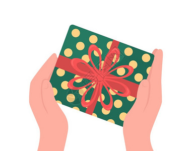 双手捧礼物提供包装礼品的平板彩色矢量对象带彩弓的圣诞节到场庆活动祝节日的孤立漫画插图用于网络形设计和动画双手给包装礼品的彩色矢量对象插画