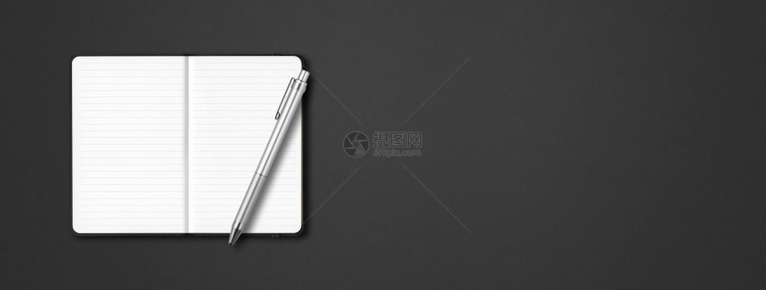 黑色开线笔记本模型在暗底背景上隔离一支笔水平横幅黑色开线笔记本在暗底背景上隔离一支笔水平横幅图片