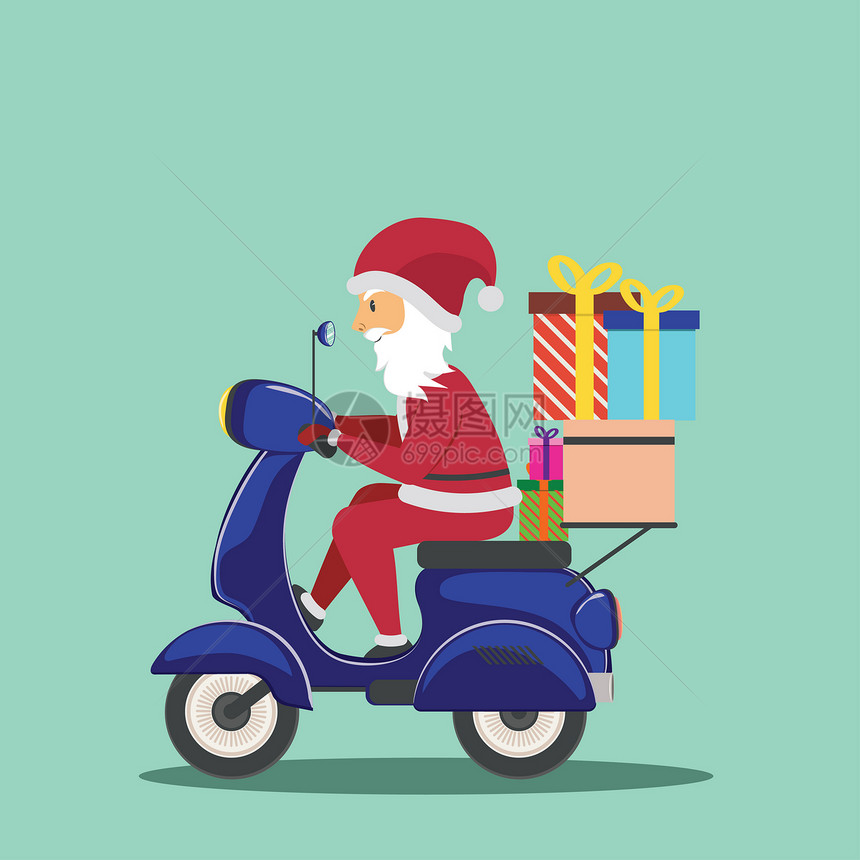 卡通santclus骑着带礼物盒的摩托车图片