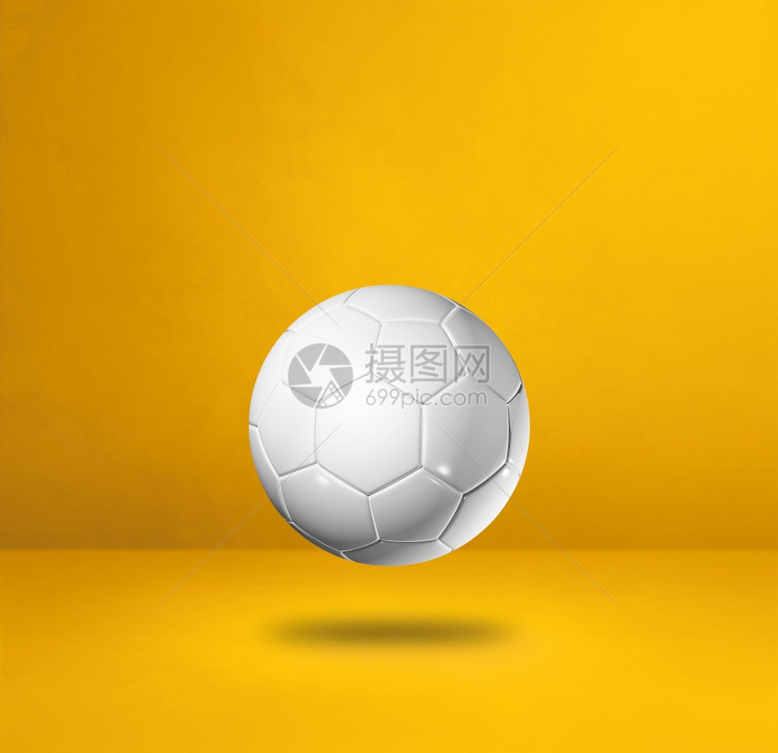 以黄色工作室背景孤立的白色足球3D插图黄色工作室背景的白色足球图片