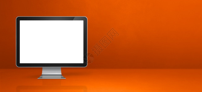 橙色办公桌横幅3D插图橙色办公桌横幅上的计算机pc图片