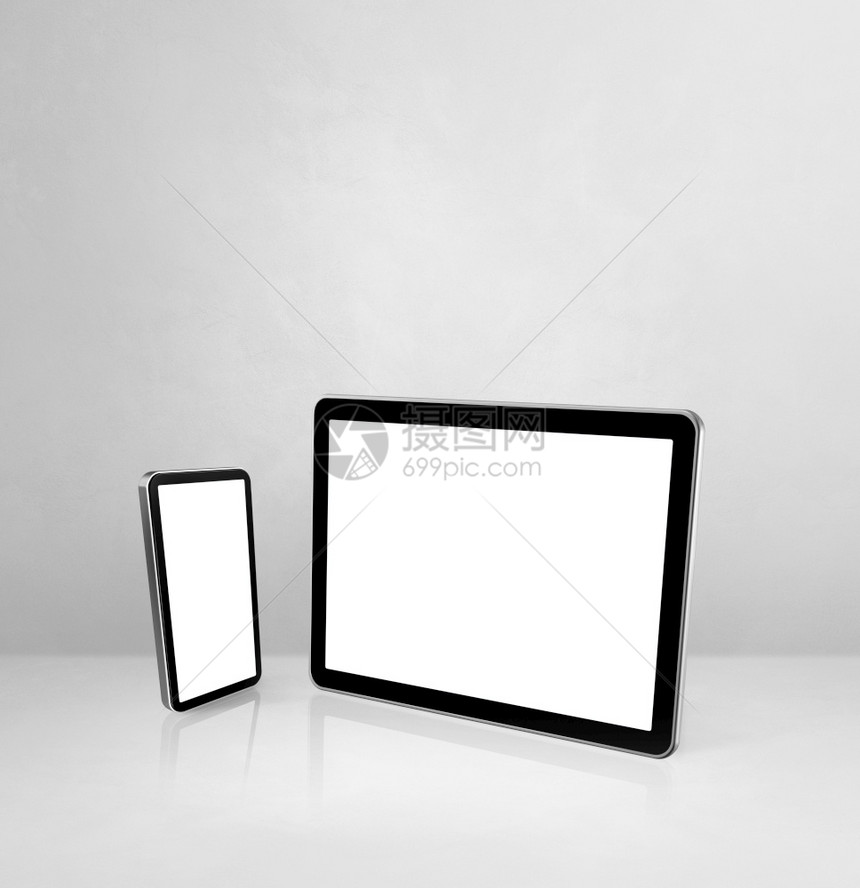 3d插图移动电话和白色混凝土办公桌上的数字平板电脑白色混凝土办公桌上的数字平板电脑图片