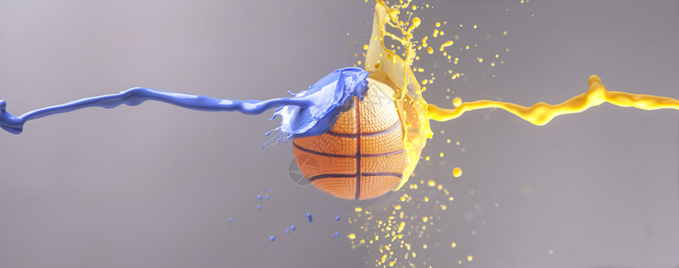 橙色能量球光效黄色和蓝涂料喷洒的篮球背景
