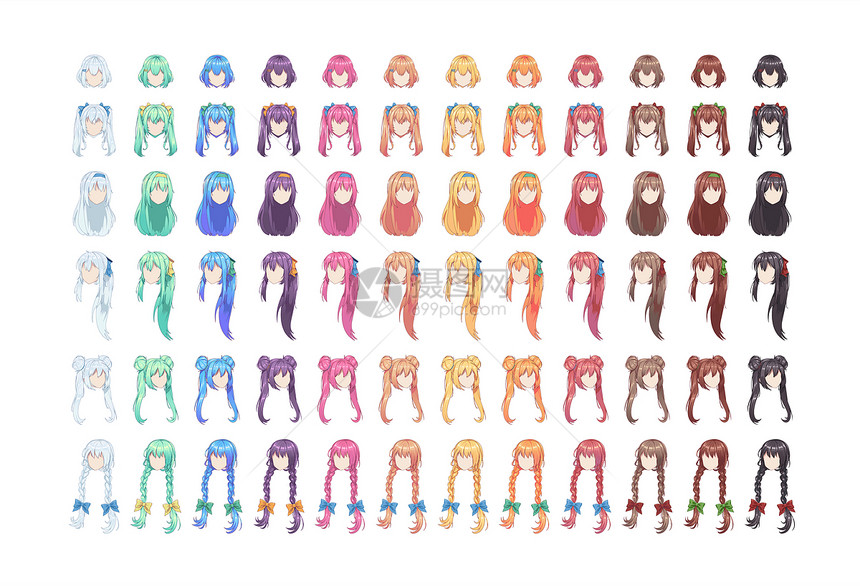 animeg发型孤立的多色发集图片