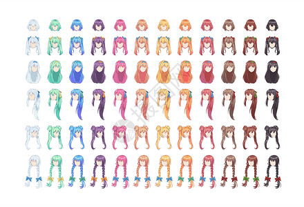 动漫发型素材animeg发型孤立的多色发集背景