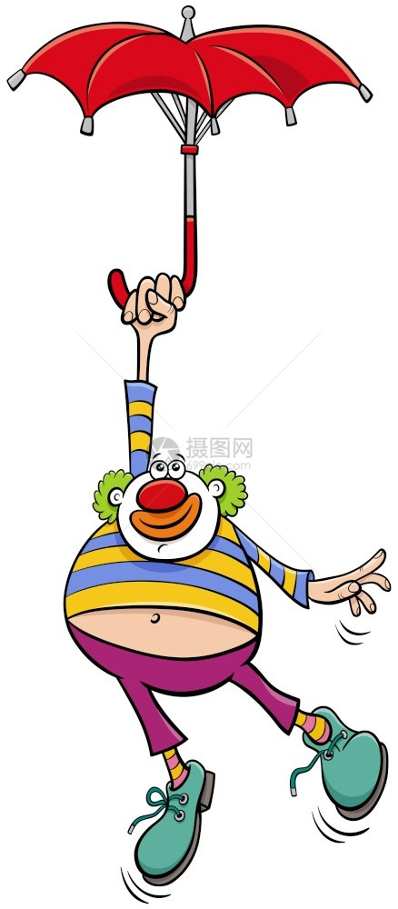 滑稽小丑马戏表演者带伞的漫画插图图片