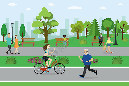 公园里骑自行车和跑步的人矢量插图图片