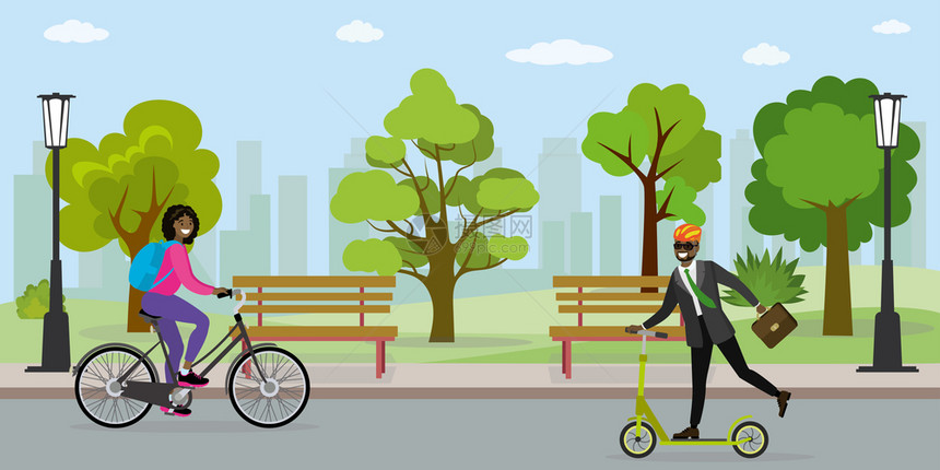 骑自行车的妇女和骑平衡车的商人图片