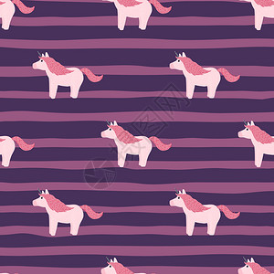 白色横条底色为紫红相间横条的无缝模式的粉白独角兽插画