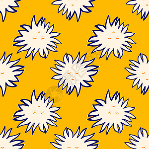 白色底色底色为黄色的无缝模式蓝边太阳花图案装饰插图插画