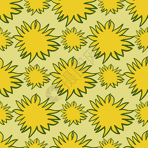底色为黄绿色的无缝模式墨绿色边太阳花图案装饰插图图片