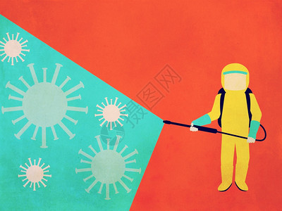 工人穿着个黄色防护服喷雾用纸张纹理进行消毒设计背景图片