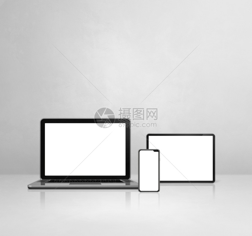 白色混凝土办公桌上的膝型移动电话和数码平板脑3d插图膝上型移动电话和白色混凝土办公桌上的数字平板电脑图片