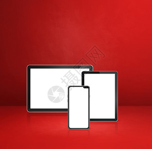 红色办公服务台的移动电话和数字平板脑图片