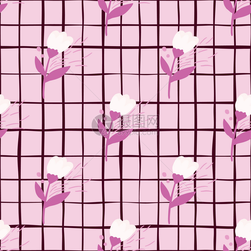 明亮的夏季民俗花朵无缝模式浅粉红彩色背景带白花蕾的光彩轮廓图片