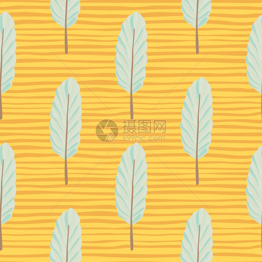 无缝模式抽象白色叶子在黄色横条背景上图片