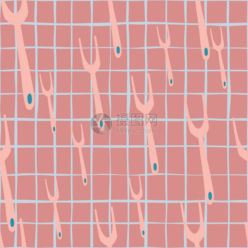 随机粉红色烧烤叉形装饰无缝模式支票背景烧烤烹饪壁纸纺织品包装纸物印刷矢量说明烧烤背景图片