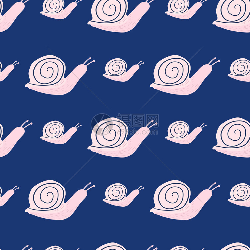 浅粉色蜗牛环影图案无缝涂鸦有海军蓝底背景图片