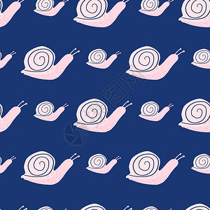 锡蒂娜浅粉色蜗牛环影图案无缝涂鸦有海军蓝底背景插画