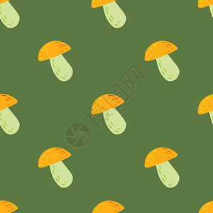 山楂六物膏橙色蘑菇形状的无缝最小模式绿色背景软体印刷设计壁纸纺织品包装纸物印刷的装饰背景矢量说明软体印刷设计插画