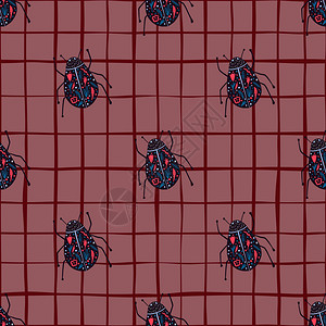 无缝模式七星瓢虫在背景红色网格图片