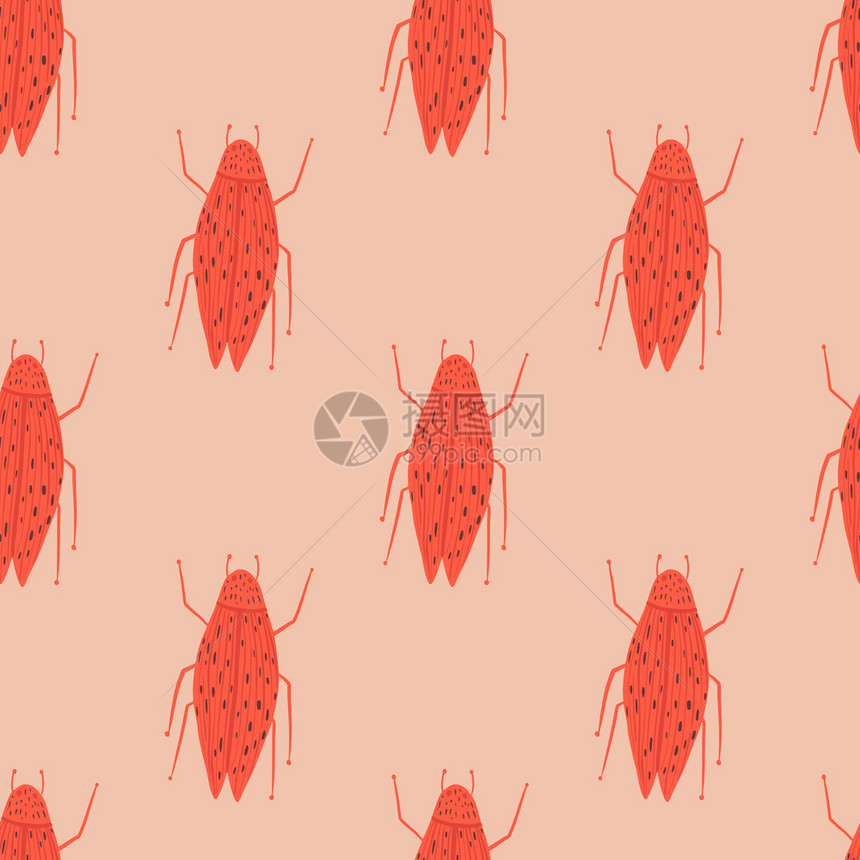无缝模式橘红色昆虫图案在橘粉色背景上图片