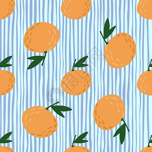 橙色曼达林形状的随机食物无缝模式不同大小的水果形状在blie条纹背景背景图片