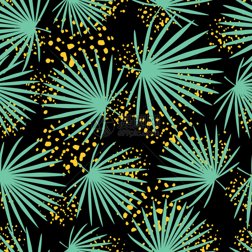 简单的花卉无缝随机图案有扇子棕榈叶装饰物黑色背景的绿宝石植物形状有黄色喷洒物织设计的装饰背景矢量图解简单的花卉无缝棕榈叶装饰品的图片