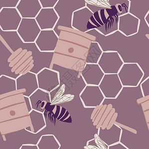 蜜蜂和窝简单无缝的涂鸦图案紫色料彩蜂蜜背景用于织物设计纺印刷包装覆盖矢量说明蜂蜜背景插画