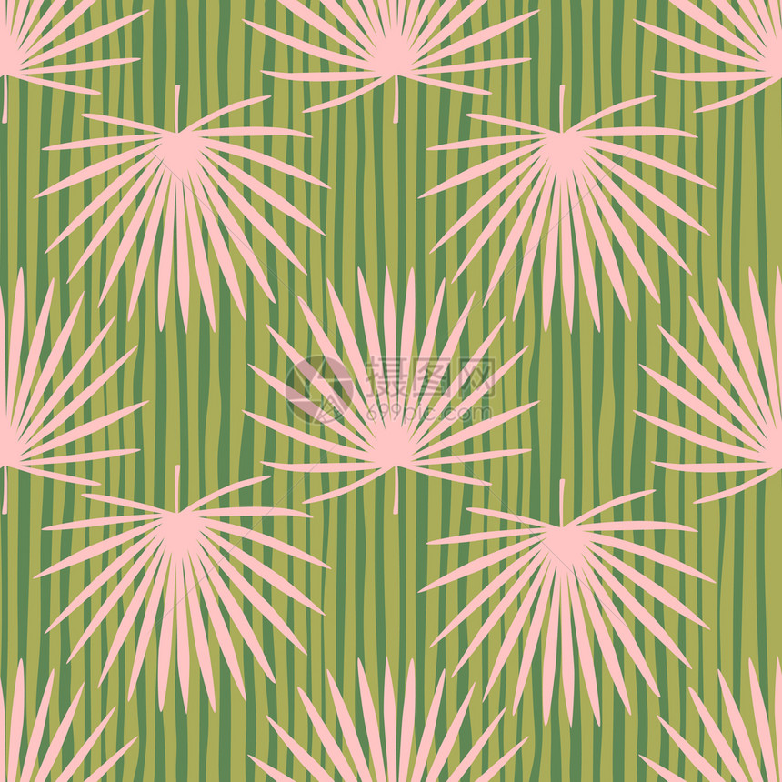 粉色热带元素绿条纹背景用于织物设计纺品包装封面的饰背景简单无缝模式面粉扇棕榈叶品脱粉色热带元素绿条纹背景图片