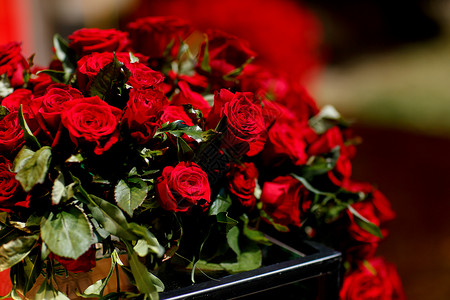 装饰式婚礼安排中的红玫瑰花束有选择的焦点装饰式婚礼安排中的红玫瑰花束图片