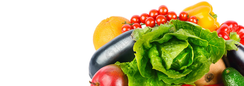 在白色背景上隔离的水果和蔬菜种类健康食物无文字空间宽幅照片图片