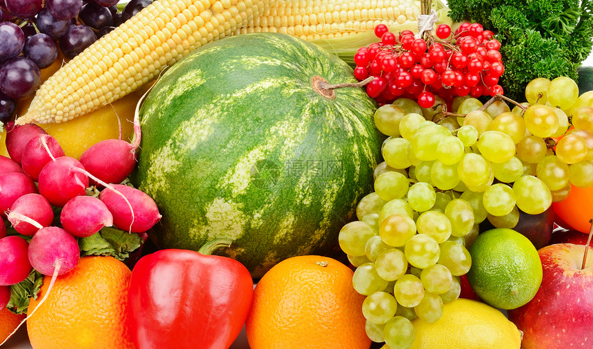 收集水果和蔬菜的明亮背景图片