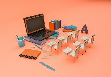 脑子一片空白3d说明学校用品和笔记本电脑子学习和在线教育概念背景