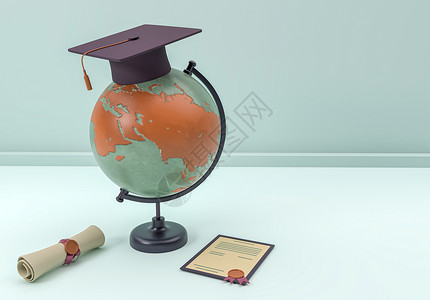 3d说明毕业上限和文凭与地球教育概念图片