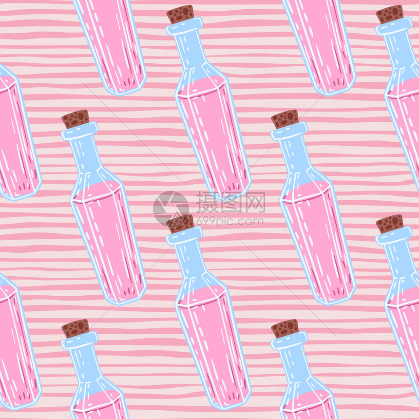 粉红色液体蓝瓶无缝模式有条纹粉红色背面解毒魔法景设计用于织物纺印刷包装覆盖矢量说明蓝色瓶无缝模式粉红色背面解毒魔法景图片