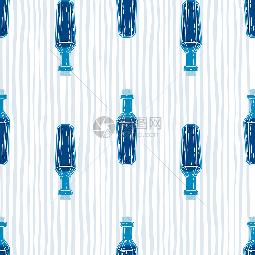 用于织物设计纺品印刷包装封面矢量图解的无缝模式与海军蓝瓶装药的无缝模式对比有条纹背景图片