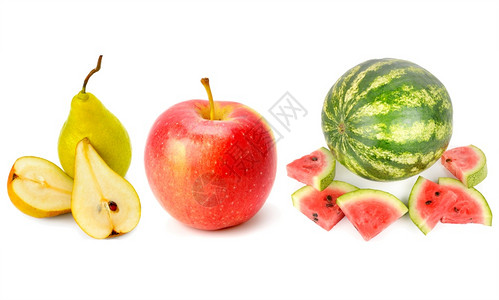 西瓜梨子和苹果孤立在白色背景拼贴图片
