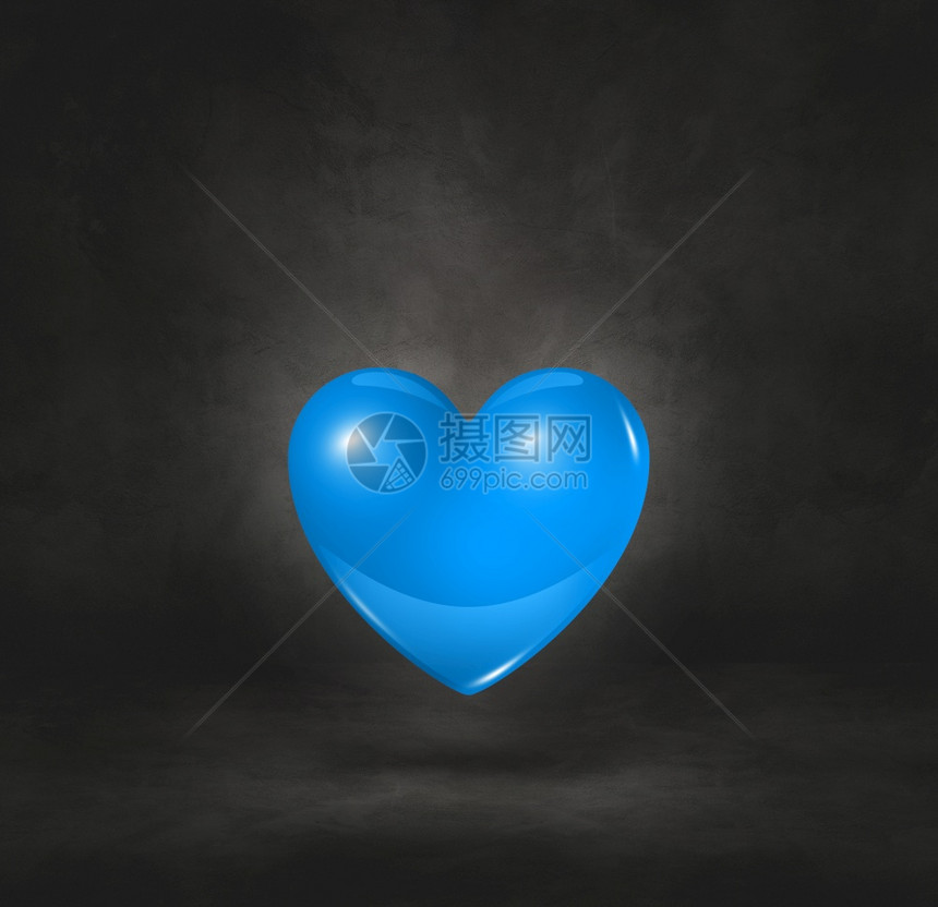 3D蓝色心脏被隔离在黑色工作室背景上3D插图蓝色心脏被黑工作室背景上图片