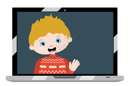 笔记本电脑屏幕上的卡通causin男孩在线聊天远程技术概念图片