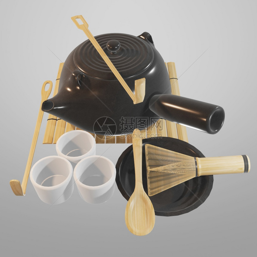 日式勺子和竹胡须用于泡火辣茶3D图片