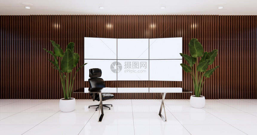 在木制墙室桌子和主椅上安装大型电视监器的ceo办公室设计3d图片