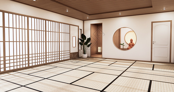 在日本式的Tatmi垫地板室上设计内和柜架壁图片