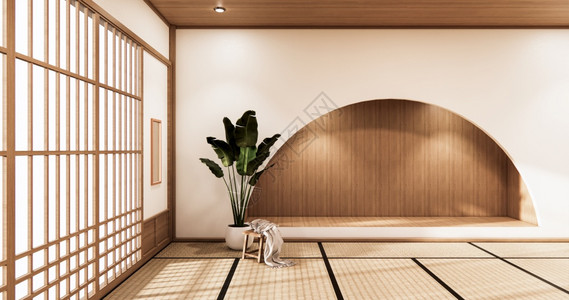 在日本式的Tatmi垫地板室上设计内和柜架壁图片