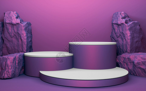 用于产品展示的讲台几何位置上的紫色石块3D图片